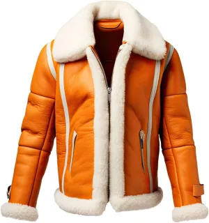 Men's Ginger Orange Genuine Sheepskin Sherpa Shearling Faux Fur Lined B3 Aviator Bomber Winter Leather Jacket