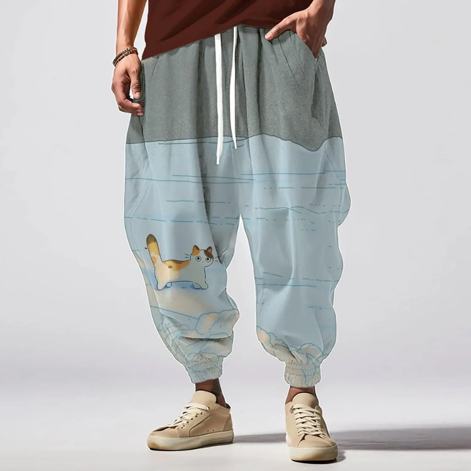 Mens Joggers Fun Print Fashion Street Feel Casual Sweatpants Baggy Elastic Waist Novelty Pant Mens Linen Pants Pants