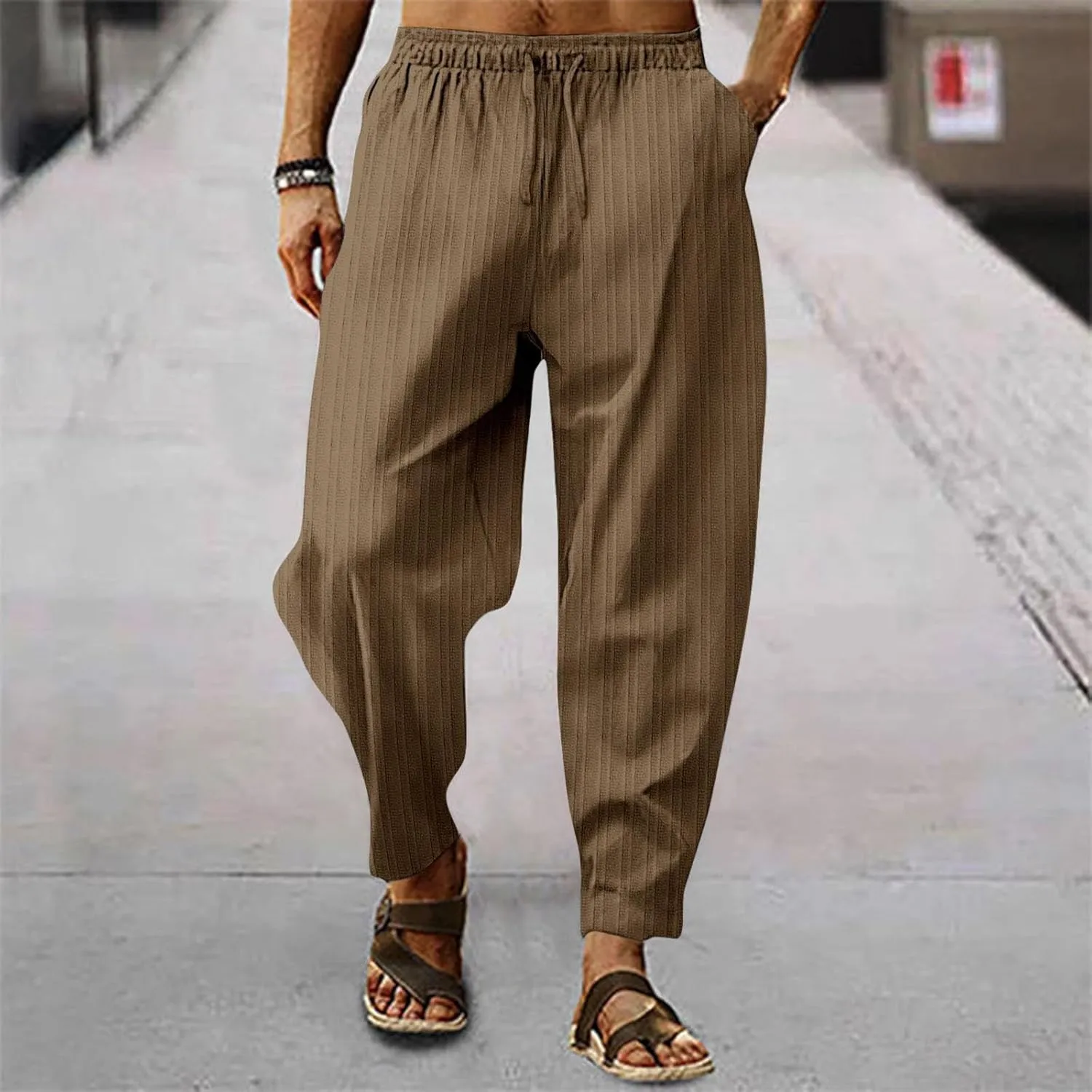 Mens Linen Cotton Yoga Casual Pants Summer Drawstring Elastic Waist Beach Trousers Loose Lounge Jogger Sweatpants