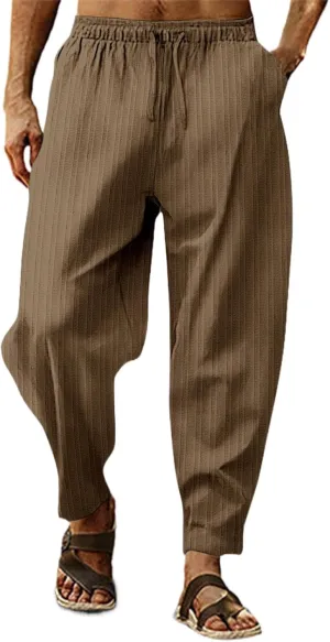 Mens Linen Cotton Yoga Casual Pants Summer Drawstring Elastic Waist Beach Trousers Loose Lounge Jogger Sweatpants