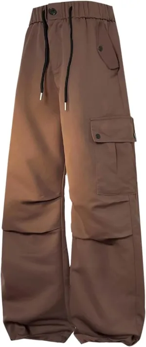 Mens Loose Straight Elastic Waist Cargo Pant Wide-Leg Drawstring Trousers Solid Multi-Pockets Pants Plus Size M-5xl
