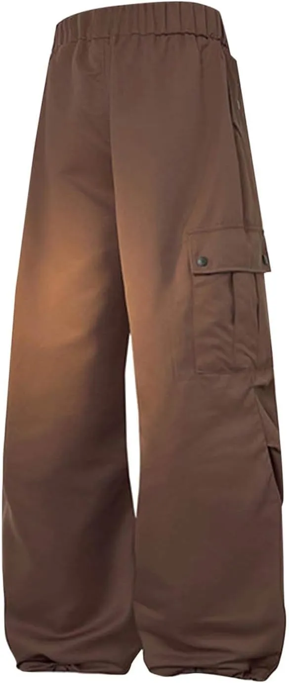 Mens Loose Straight Elastic Waist Cargo Pant Wide-Leg Drawstring Trousers Solid Multi-Pockets Pants Plus Size M-5xl