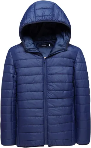 Men's Packable Puffer Jacket Lightweight Hooded Zipper Padded Jackets Plus Size Windproof Winter Warm Down Coat