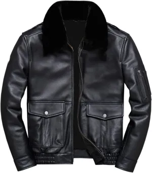 Men's Premium B3 Aviator Black Bomber Geniune Sheepskin Real Shearling Fur Leather Jacket.