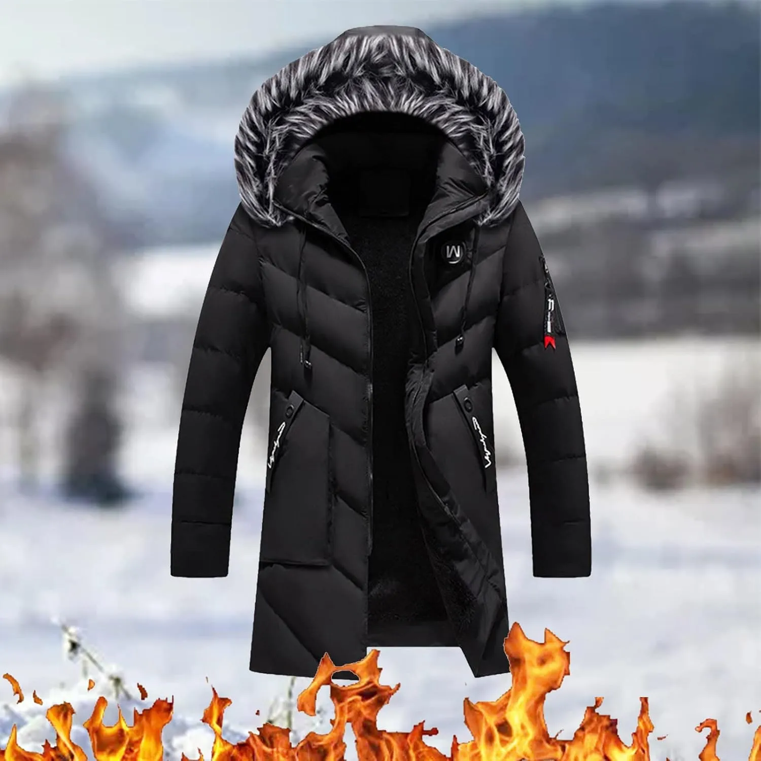 Mens Puffer Jacket, Sports Full Zip Long Sleeve Puffer Jackets Work Padded Jacket Thicken Hooded Down Jacket Men