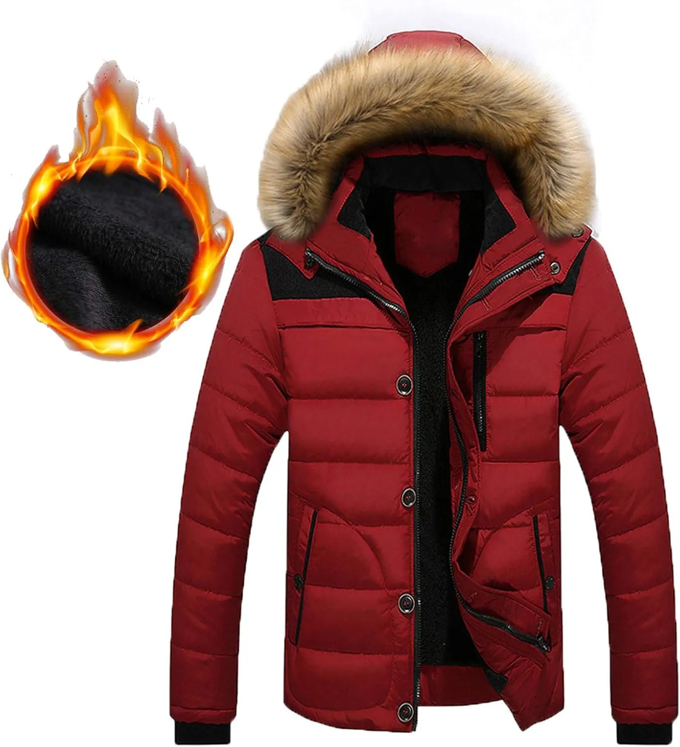 Mens Puffer Jacket with Hood Fleece Lined Long Sleeve Full Zip Down Coat Repellent Running Jacket Padded Down Parka Jacket