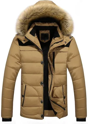 Mens Puffer Jacket with Hood Fleece Lined Long Sleeve Full Zip Down Coat Repellent Running Jacket Padded Down Parka Jacket