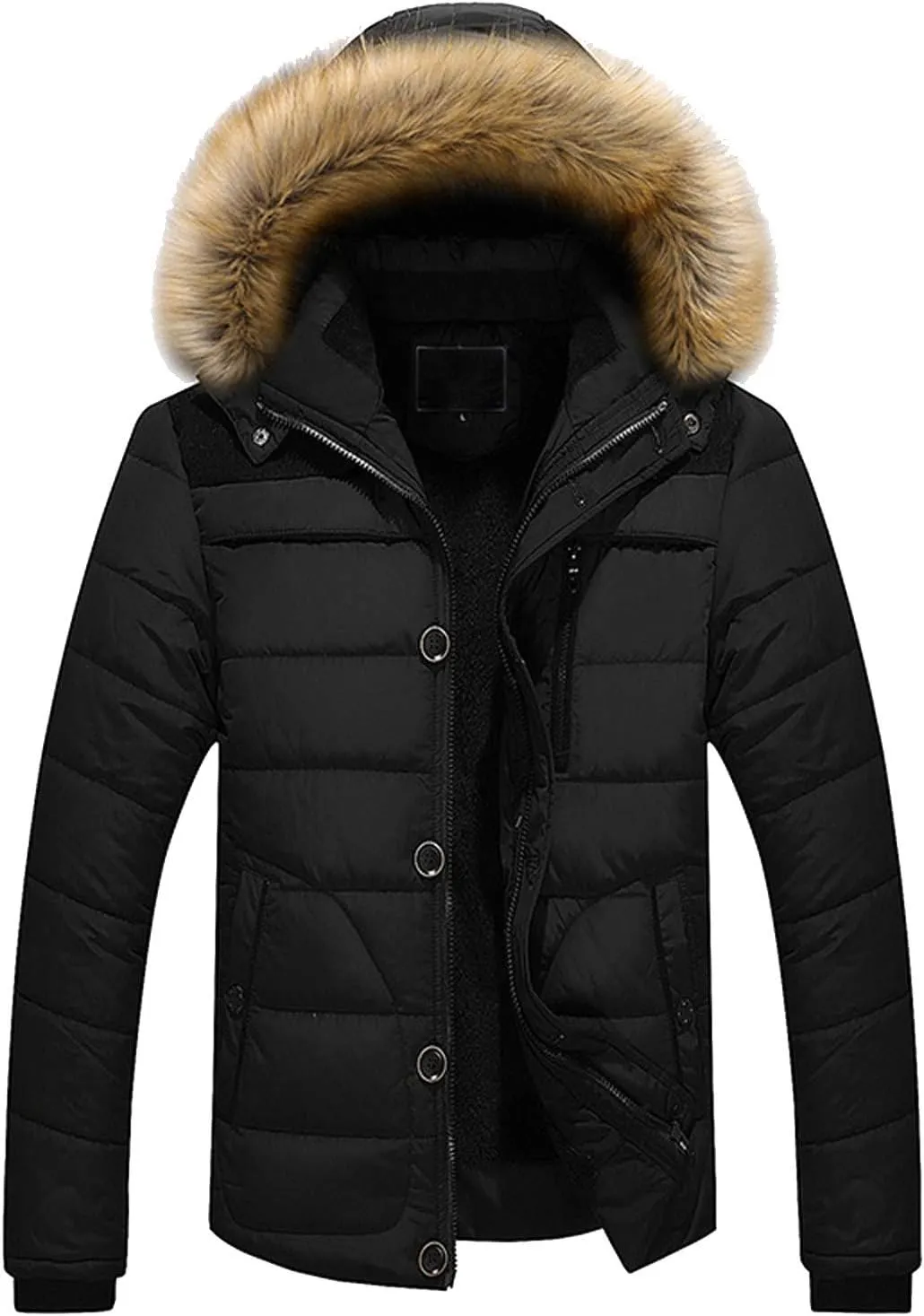 Mens Puffer Jacket with Hood Fleece Lined Long Sleeve Full Zip Down Coat Repellent Running Jacket Padded Down Parka Jacket