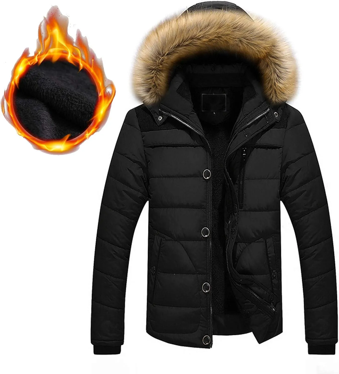 Mens Puffer Jacket with Hood Fleece Lined Long Sleeve Full Zip Down Coat Repellent Running Jacket Padded Down Parka Jacket