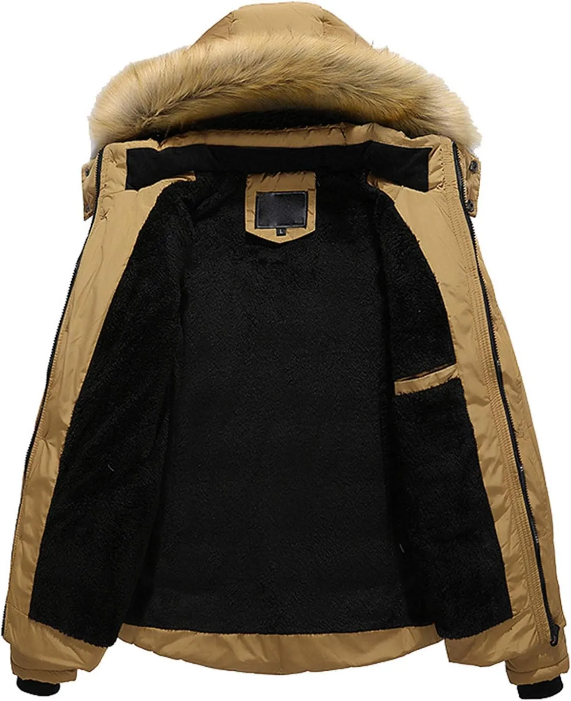 Mens Puffer Jacket with Hood Fleece Lined Long Sleeve Full Zip Down Coat Repellent Running Jacket Padded Down Parka Jacket