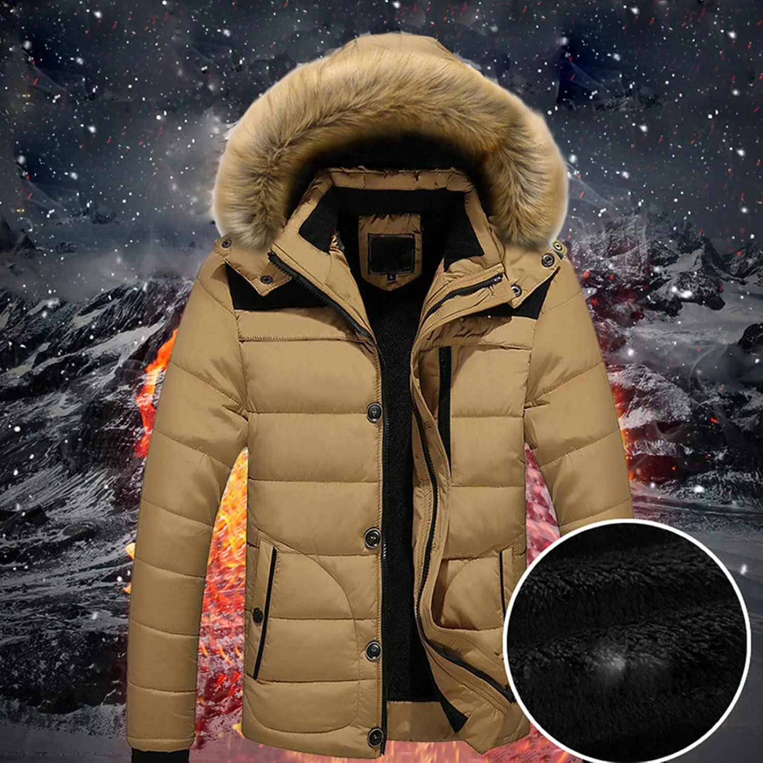 Mens Puffer Jacket with Hood Fleece Lined Long Sleeve Full Zip Down Coat Repellent Running Jacket Padded Down Parka Jacket