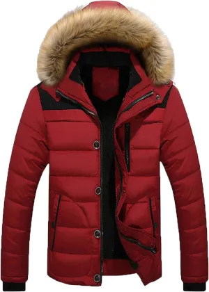 Mens Puffer Jacket with Hood Fleece Lined Long Sleeve Full Zip Down Coat Repellent Running Jacket Padded Down Parka Jacket