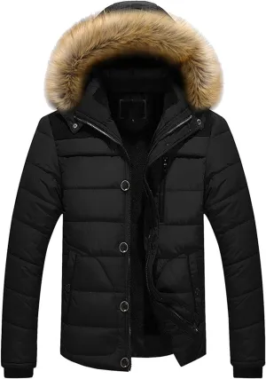 Mens Puffer Jacket with Hood Fleece Lined Long Sleeve Full Zip Down Coat Repellent Running Jacket Padded Down Parka Jacket