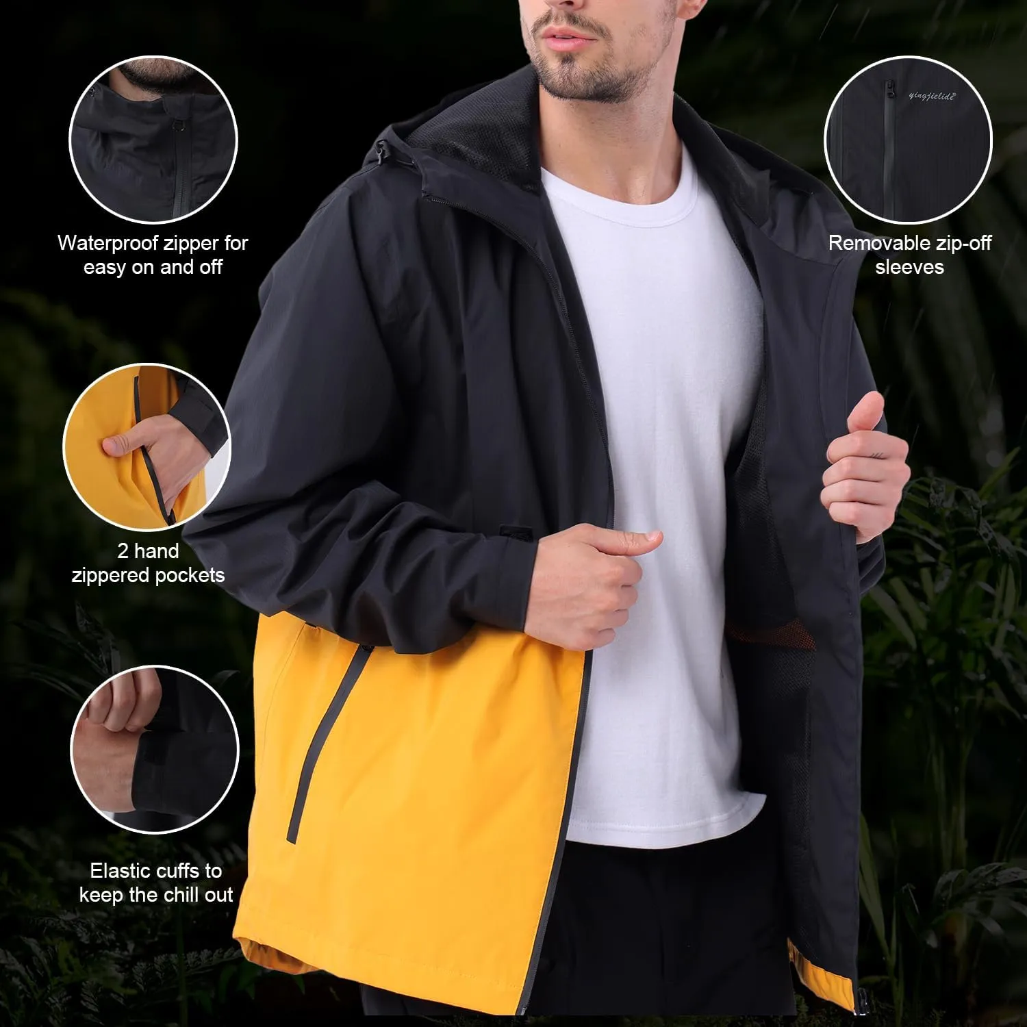 Mens Rain Jacket, Lightweight Waterproof Windproof Hooded Raincoat, with Side zip Hiking Cycling Coat Windbreaker