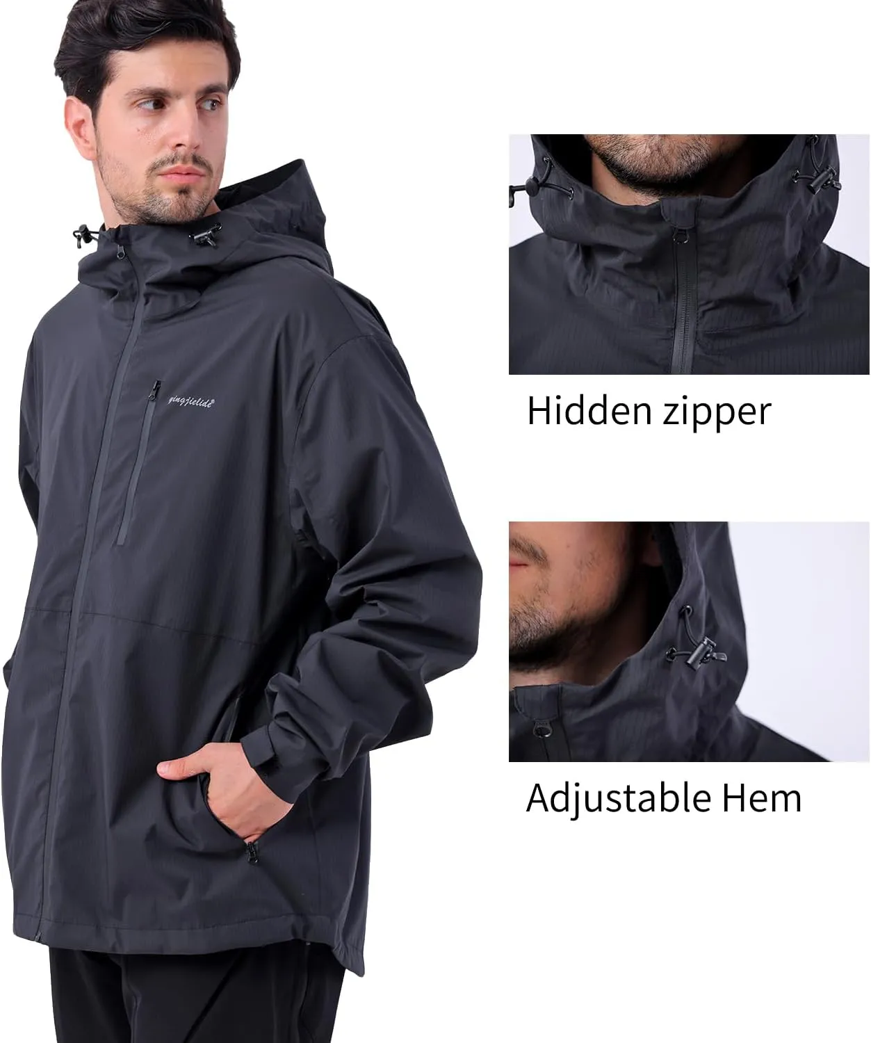 Mens Rain Jacket, Lightweight Waterproof Windproof Hooded Raincoat, with Side zip Hiking Cycling Coat Windbreaker
