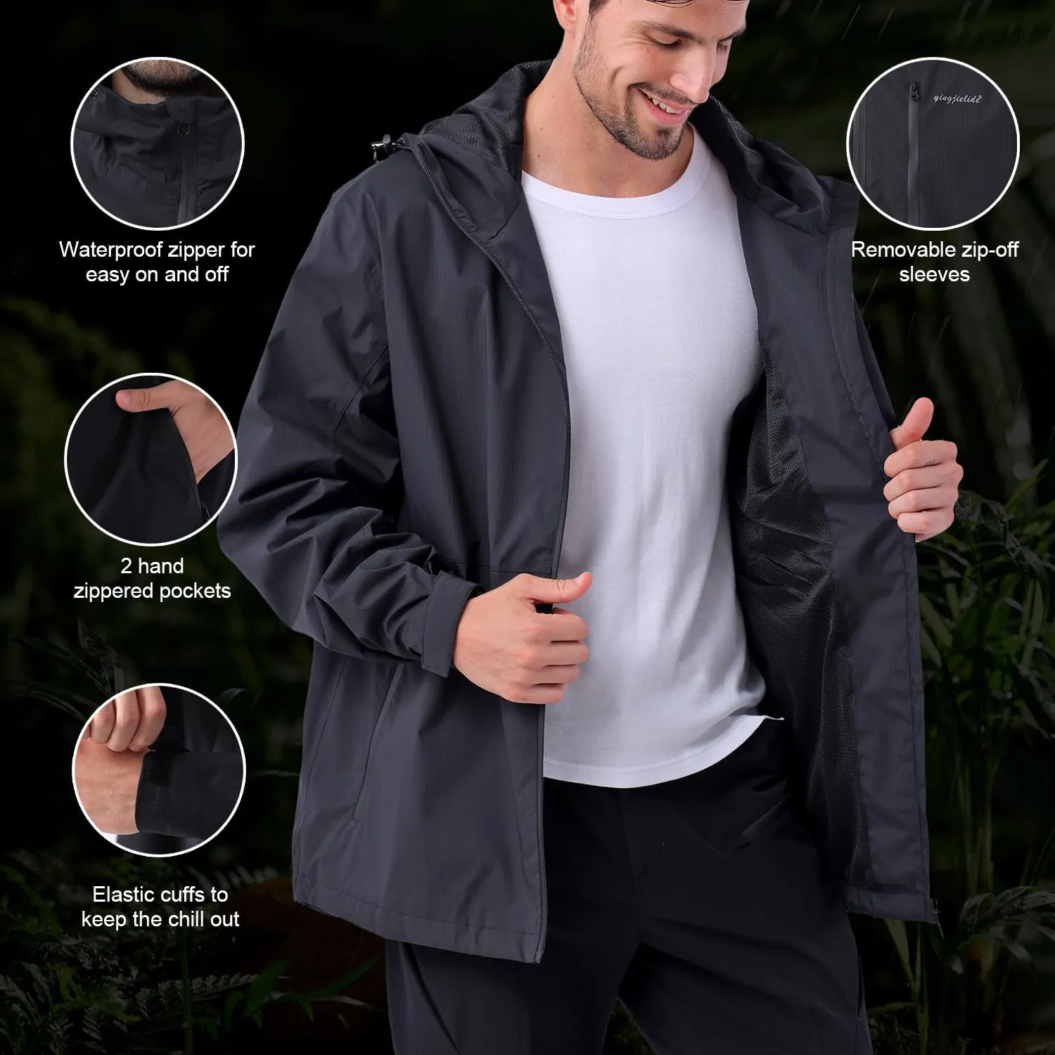 Mens Rain Jacket, Lightweight Waterproof Windproof Hooded Raincoat, with Side zip Hiking Cycling Coat Windbreaker