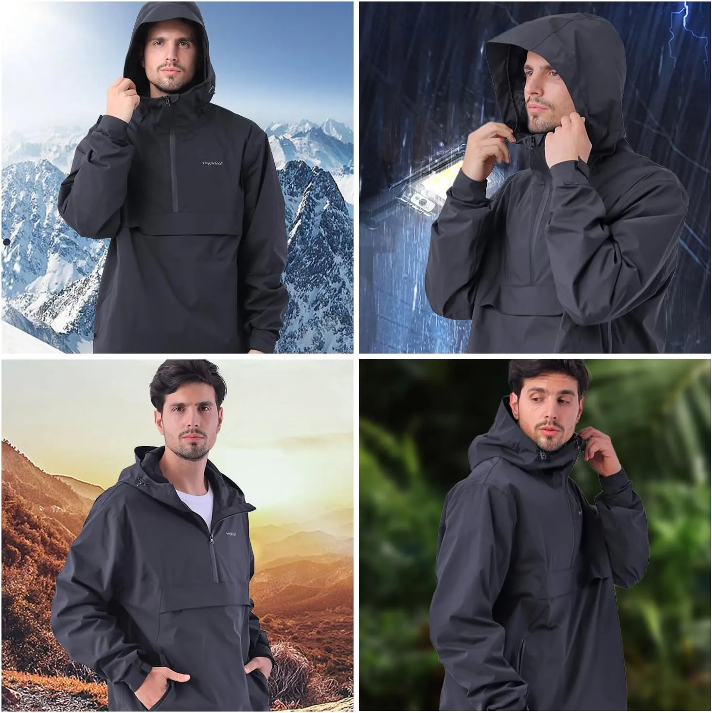 Mens Rain Jacket, Lightweight Waterproof Windproof Hooded Raincoat, with Side zip Hiking Cycling Coat Windbreaker