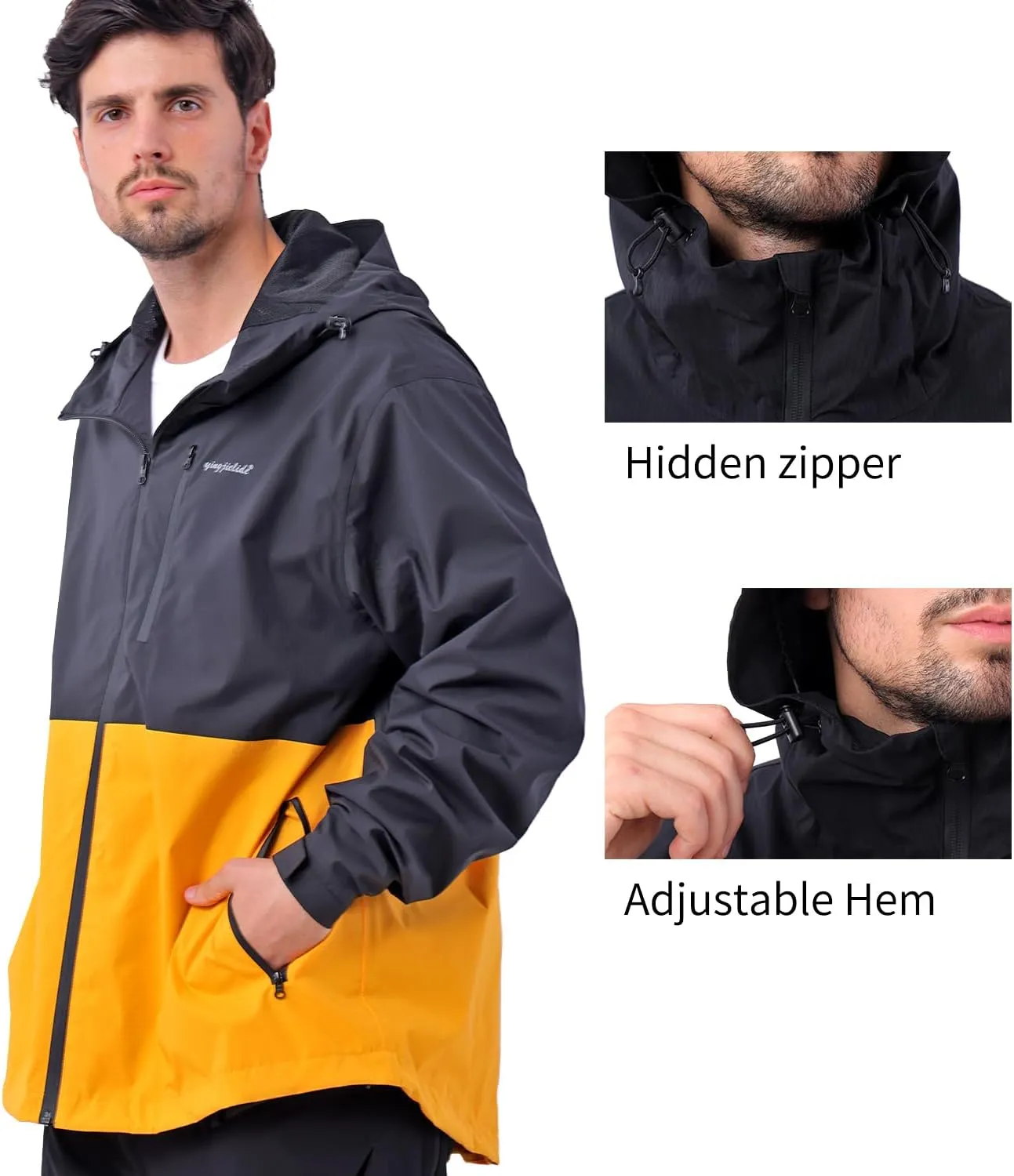 Mens Rain Jacket, Lightweight Waterproof Windproof Hooded Raincoat, with Side zip Hiking Cycling Coat Windbreaker