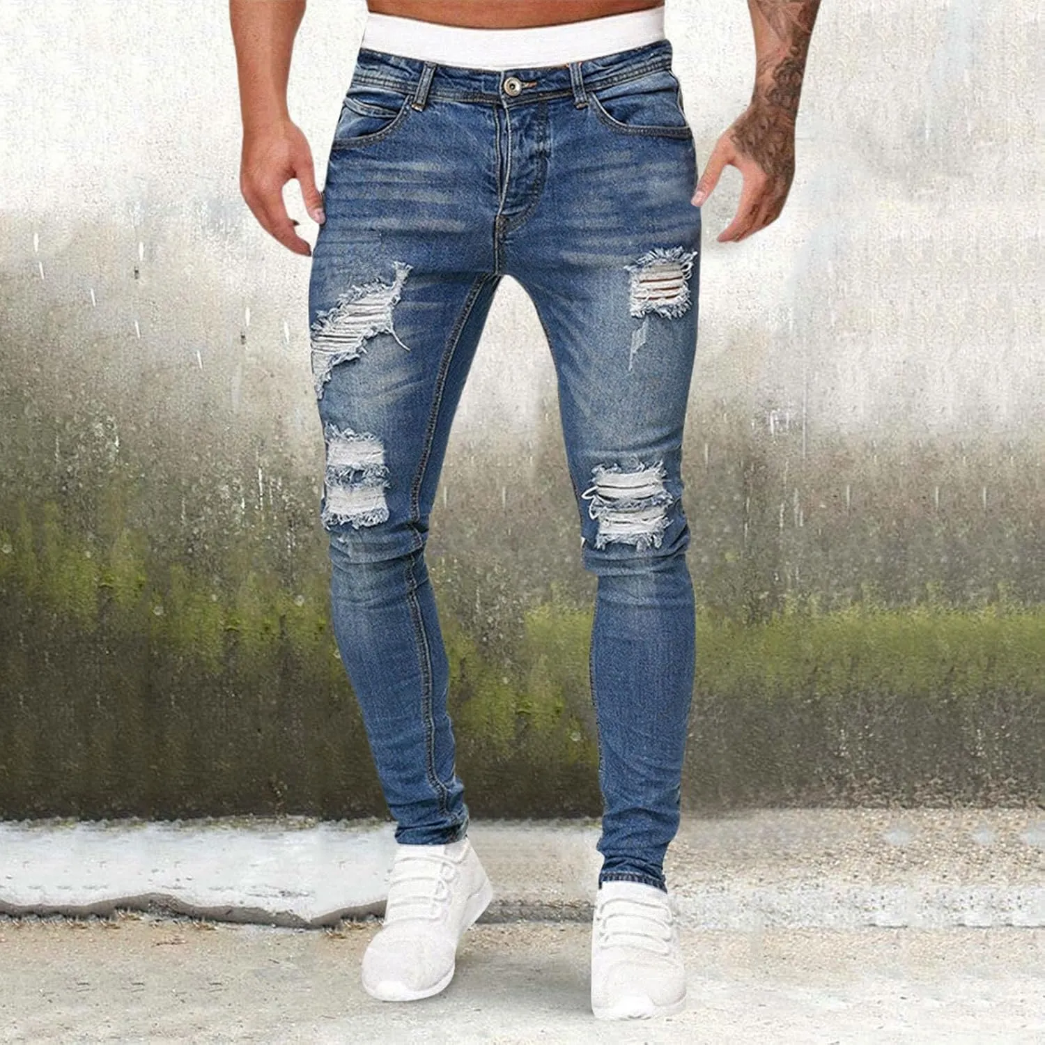 Men's Ripped Jeans Slim Fit Skinny Stretch Jeans Pants Button Zip Off Comfy Denim Pants Slim Fit Tapered Leg Trouser