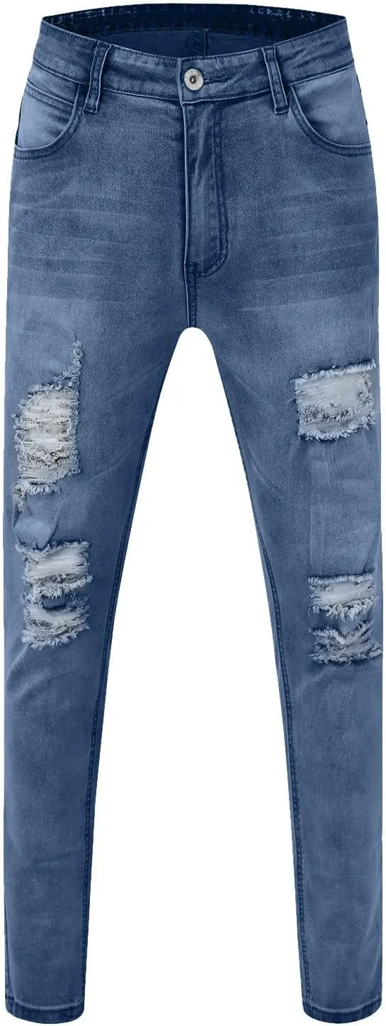 Men's Ripped Jeans Slim Fit Skinny Stretch Jeans Pants Button Zip Off Comfy Denim Pants Slim Fit Tapered Leg Trouser