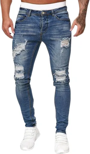 Men's Ripped Jeans Slim Fit Skinny Stretch Jeans Pants Button Zip Off Comfy Denim Pants Slim Fit Tapered Leg Trouser