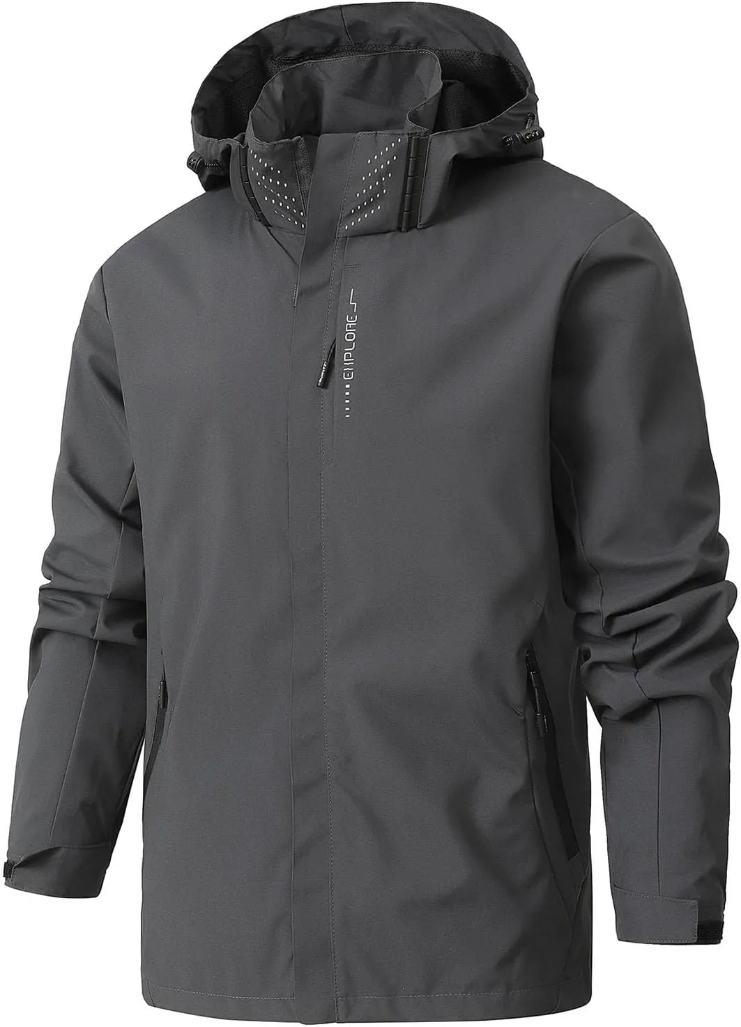 Men's Solid Waterproof Drawstring Windproof Trendy Zipper With Pocket Hooded Jacket 2024 Long Sleeve Shell Jacket