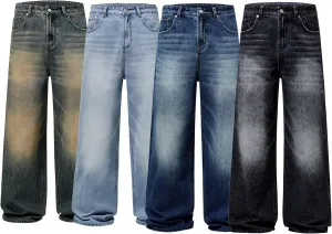 Men's Straight Leg Jeans Korean Fashion Denim Pants with Zipper Fly Streetwear Trousers Stone Wash Design Cotton Blend