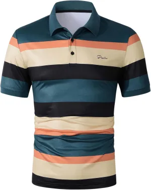 Men's Striped Golf Shirt Casual Colorblock Short Sleeve Collared Tennis Shirts