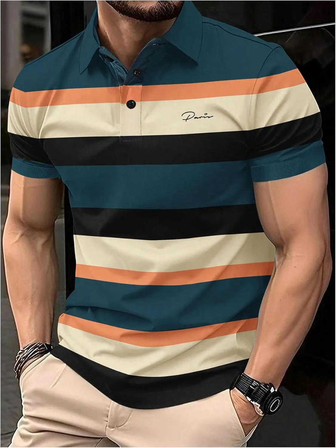 Men's Striped Golf Shirt Casual Colorblock Short Sleeve Collared Tennis Shirts