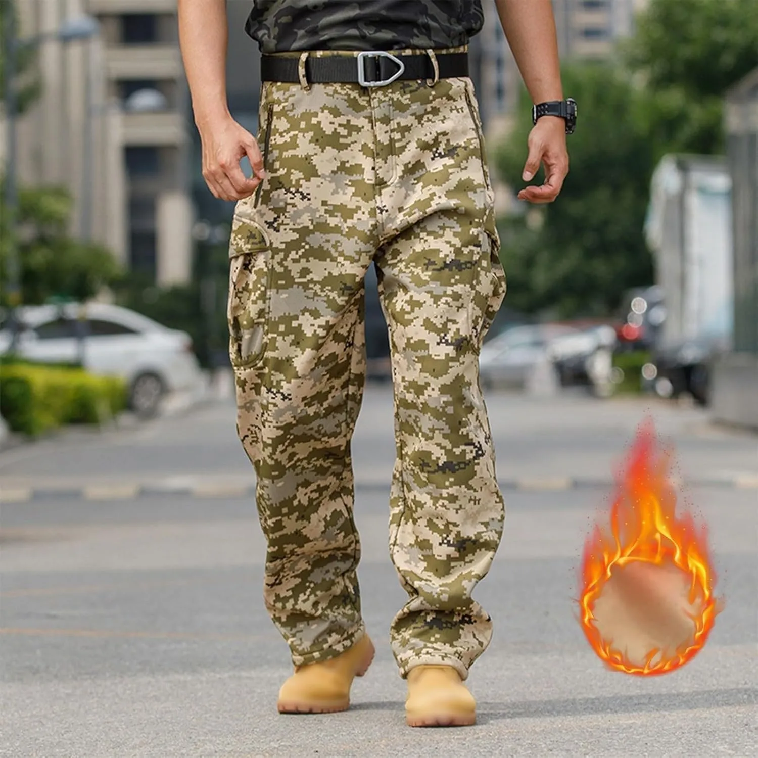 Men's Tactical Pants Softshell Fleece Lined Cargo Pant Warm Water Resistant Ripstop Cargo Pants Camo Hiking Pants