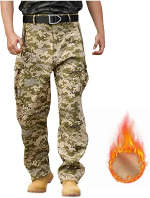 Men's Tactical Pants Softshell Fleece Lined Cargo Pant Warm Water Resistant Ripstop Cargo Pants Camo Hiking Pants
