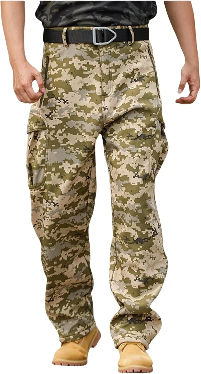 Men's Tactical Pants Softshell Fleece Lined Cargo Pant Warm Water Resistant Ripstop Cargo Pants Camo Hiking Pants