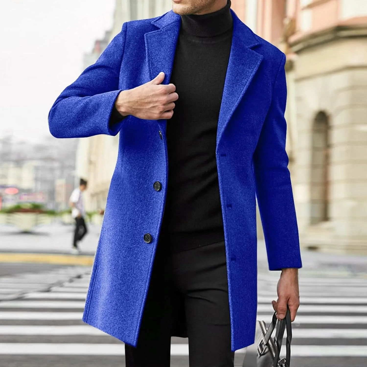 Mens Trench Coat Notched Collar Single Breasted Mid Length Peacoat Winter Overcoat with Pockets Warm Windbreaker