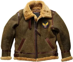Mens Vintage B3 Bomber Sherpa Shearling Jacket - Genuine Sheepskin Leather Real Fur Lined Aviator RAF Jackets
