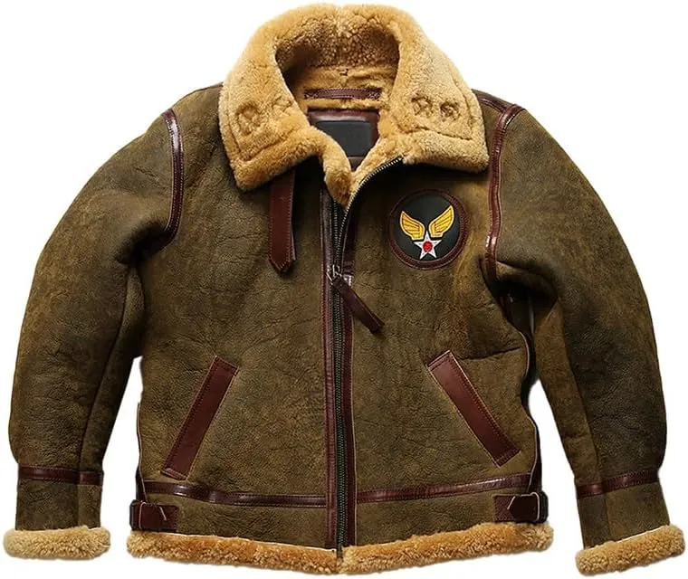 Mens Vintage B3 Bomber Sherpa Shearling Jacket - Genuine Sheepskin Leather Real Fur Lined Aviator RAF Jackets