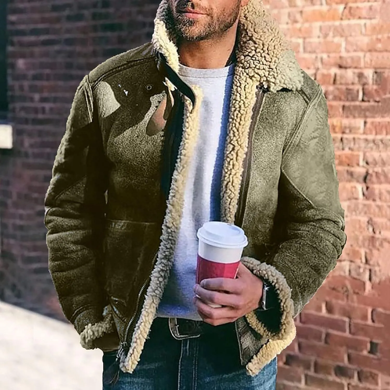 Mens Winter Coat Lamb Wool Bomber Coat Faux Leather Sherpa Fleece Lined Jackets Heavyweight Suede Faux Fur Trench Coat