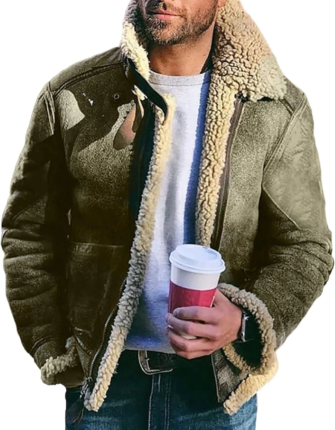 Mens Winter Coat Lamb Wool Bomber Coat Faux Leather Sherpa Fleece Lined Jackets Heavyweight Suede Faux Fur Trench Coat