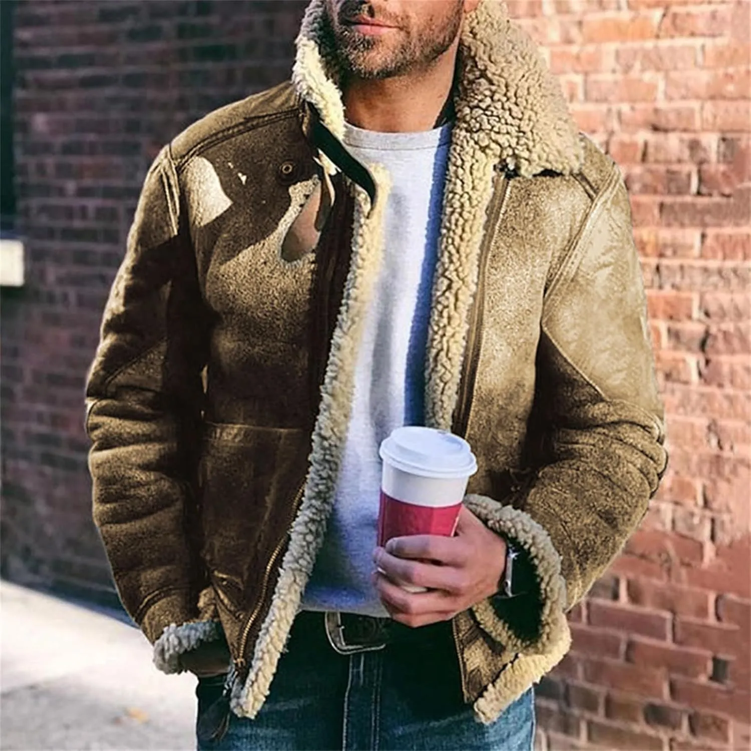 Mens Winter Coat Lamb Wool Bomber Coat Faux Leather Sherpa Fleece Lined Jackets Heavyweight Suede Faux Fur Trench Coat