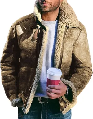 Mens Winter Coat Lamb Wool Bomber Coat Faux Leather Sherpa Fleece Lined Jackets Heavyweight Suede Faux Fur Trench Coat