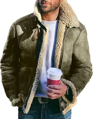 Mens Winter Coat Lamb Wool Bomber Coat Faux Leather Sherpa Fleece Lined Jackets Heavyweight Suede Faux Fur Trench Coat