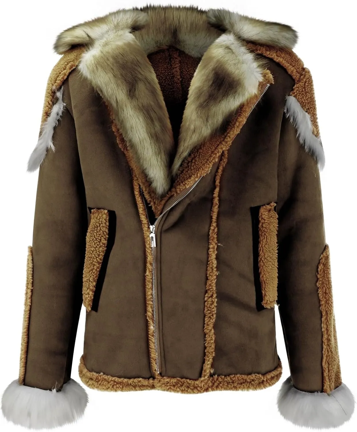Mens Winter Jackets Faux Leather Sherpa Lined Bomber Jacket Warm Turn Down Collar Coats Long Sleeve Padded Jacket