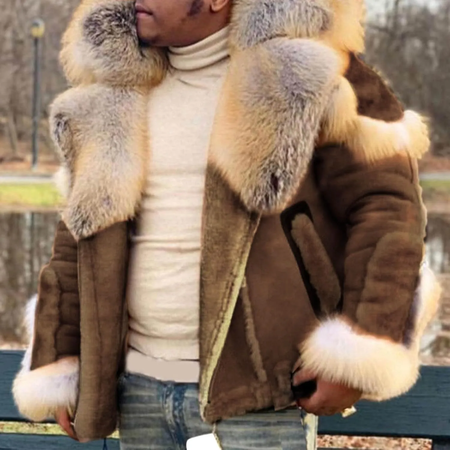 Mens Winter Jackets Faux Leather Sherpa Lined Bomber Jacket Warm Turn Down Collar Coats Long Sleeve Padded Jacket