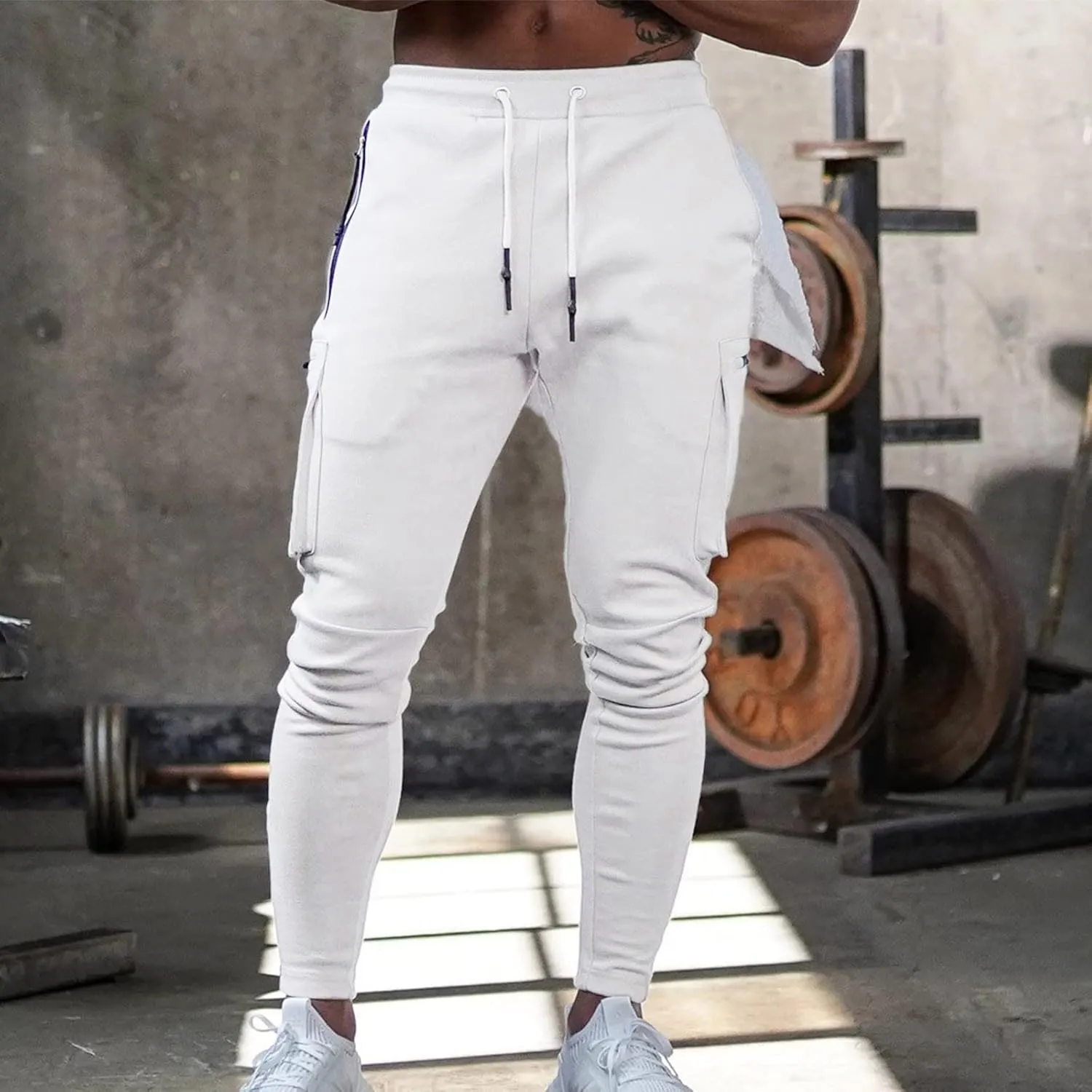 Mens Workout Cargo Sweatpants Trousers Work Wear Combat Fitness Drawstring Pockets Rope Loose Sweatpant 2023 Outdoor