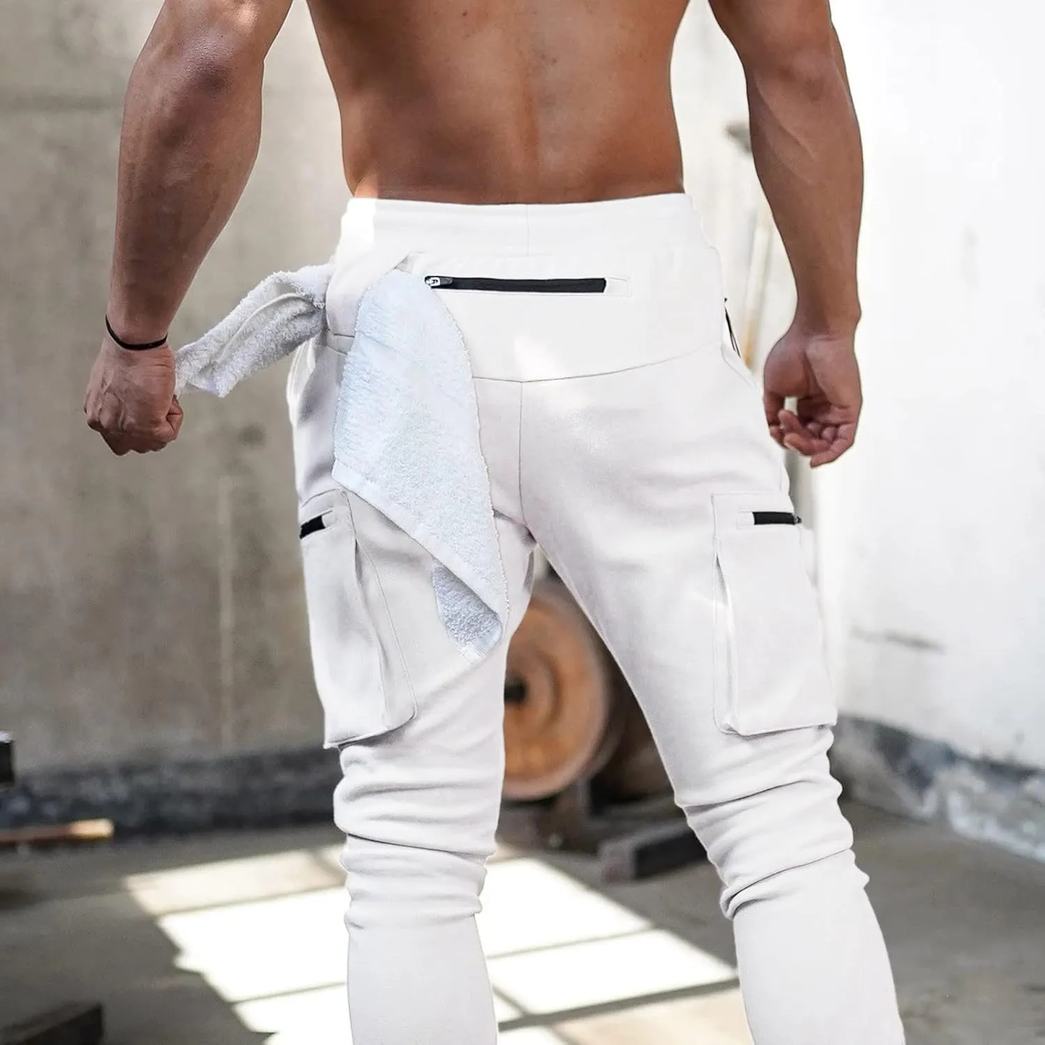 Mens Workout Cargo Sweatpants Trousers Work Wear Combat Fitness Drawstring Pockets Rope Loose Sweatpant 2023 Outdoor