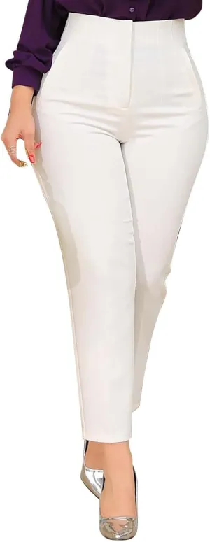 Miyaomn Casual Solid Pleated High Rise Work Pants for Women Business Office Stretch Straight Leg Pencil Trousers with Pockets