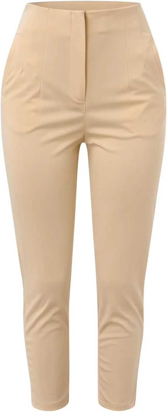 Miyaomn Casual Solid Pleated High Rise Work Pants for Women Business Office Stretch Straight Leg Pencil Trousers with Pockets