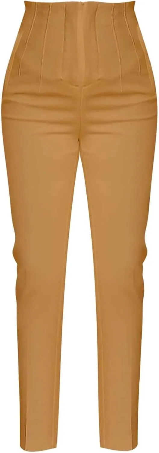 Miyaomn Casual Solid Pleated High Rise Work Pants for Women Business Office Stretch Straight Leg Pencil Trousers with Pockets