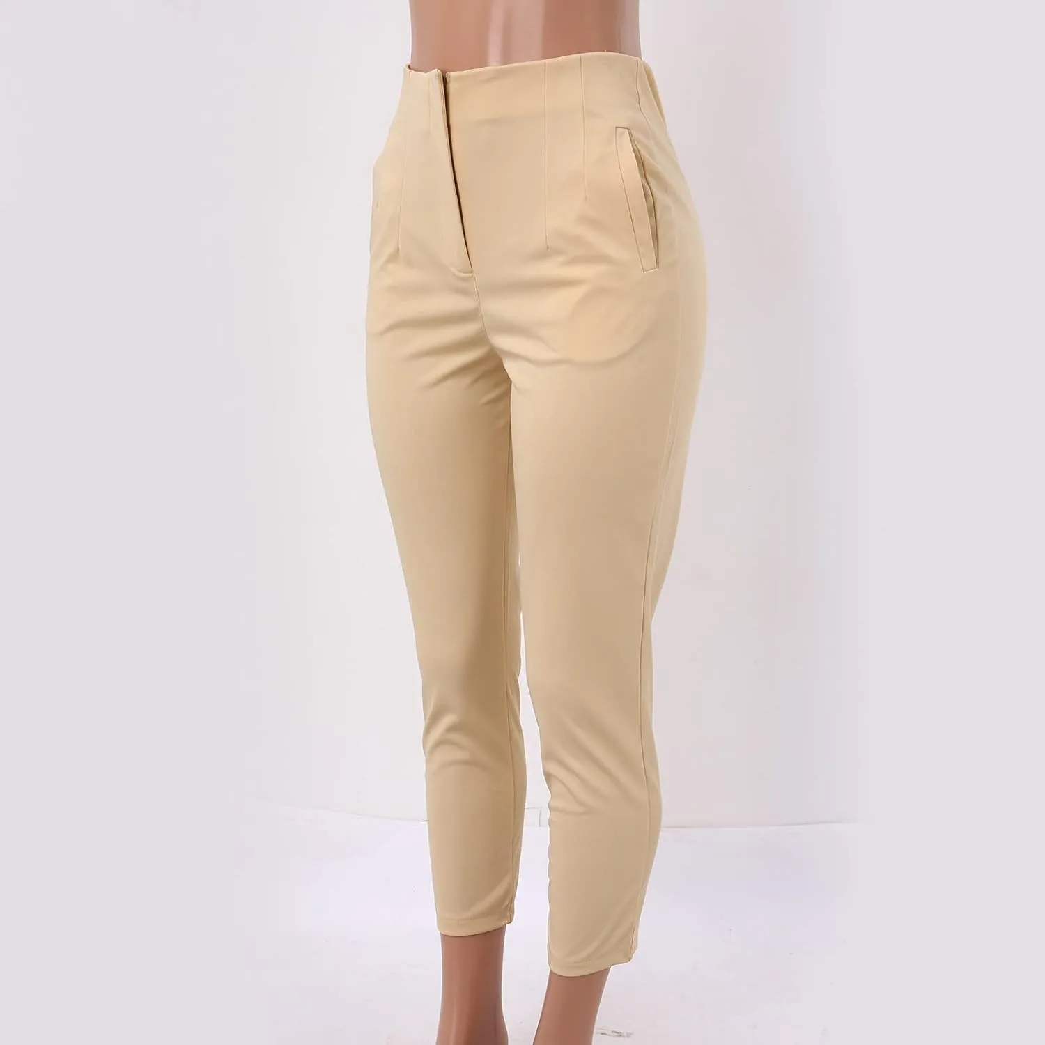 Miyaomn Casual Solid Pleated High Rise Work Pants for Women Business Office Stretch Straight Leg Pencil Trousers with Pockets