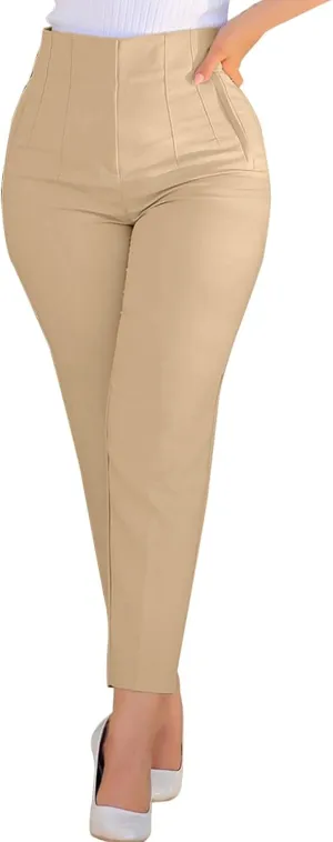 Miyaomn Casual Solid Pleated High Rise Work Pants for Women Business Office Stretch Straight Leg Pencil Trousers with Pockets