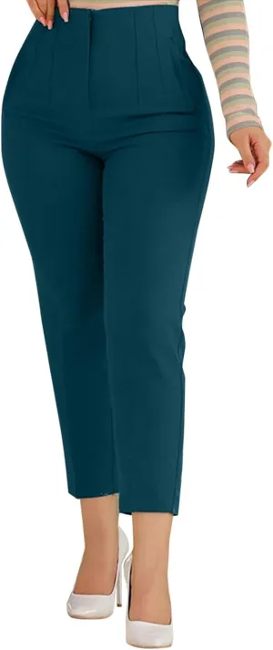 Miyaomn Casual Solid Pleated High Rise Work Pants for Women Business Office Stretch Straight Leg Pencil Trousers with Pockets